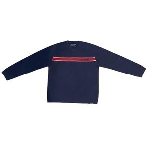 Abercrombie & Fitch V-Neck Heavy Knit Sweater Navy Blue A-1892 Red Stripe Size L